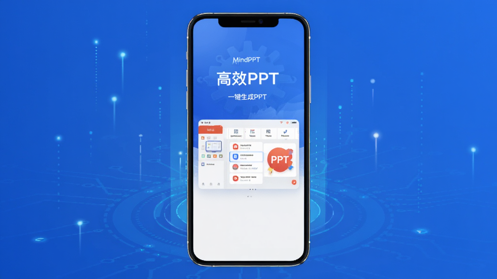 MindPPT AI办公软件主视觉,画面中央显示一个智能手机,屏幕中展示MindPPT一键生成PPT的界面,背景采用蓝色渐变科技感风格,布局简洁大气,突出AI智能与高效办公主题,画质清晰干净,无多余元素