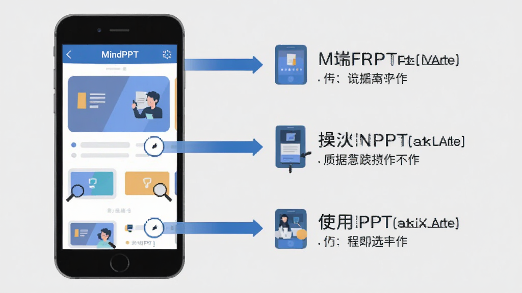 MindPPT使用指南示意图,画面展示手机端MindPPT操作界面,旁边配有箭头标注,风格为扁平化插画,背景为浅灰色,布局清晰,突出操作要点,画质干净,无多余元素