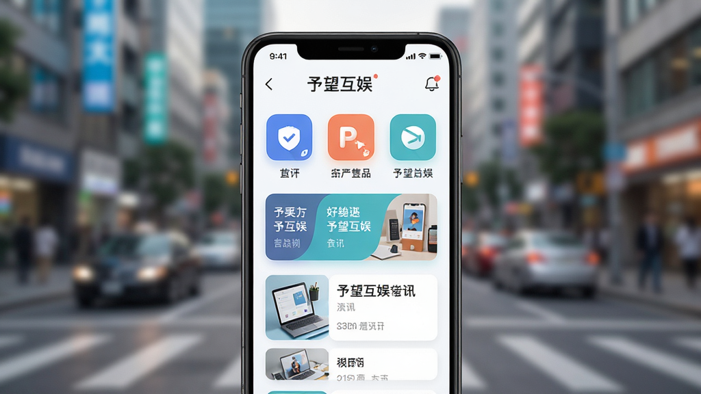 画面主体为手机屏幕展示“予望互娱”APP界面,背景为模糊的城市街景,界面清晰显示分类图标和资讯卡片,整体风格明亮清新,排版简洁,现代扁平化设计,细节丰富,画质高清干净,无多余元素