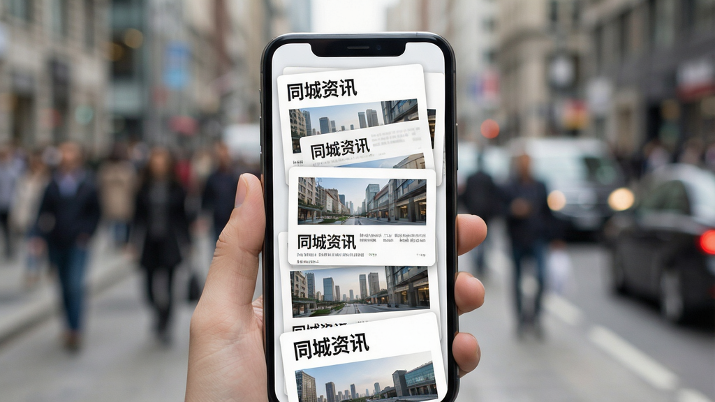 图片主体为多张城市新闻卡片在手机屏幕上滑动展示,背景为模糊的街道人群,卡片上有“同城资讯”文字,排版错落有致,风格清新写实,画质清晰干净,无多余元素