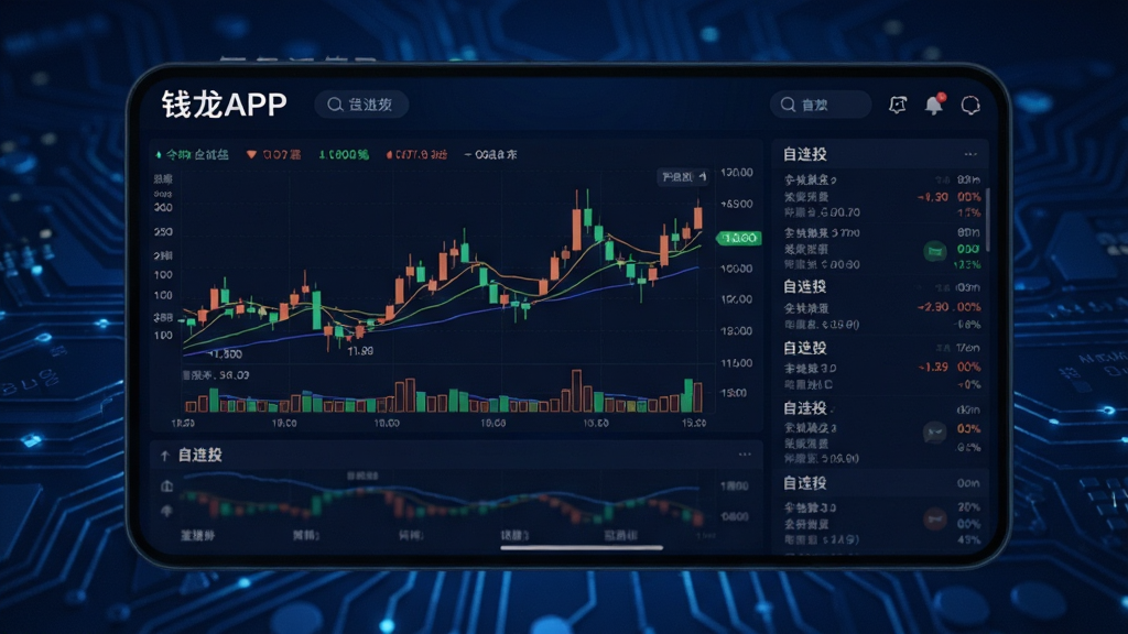 钱龙APP主界面展示,深蓝科技感背景,中央显示实时K线图与自选股列表,布局清晰,数字跳动,界面风格专业、现代,画质高清,干净无多余元素