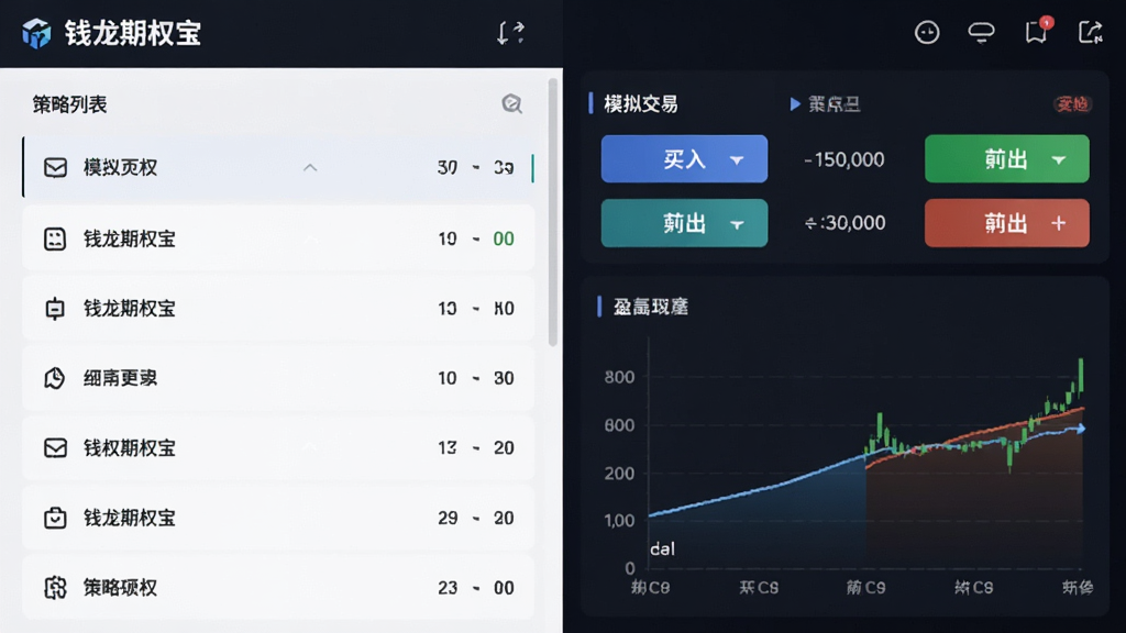 钱龙期权宝功能页面,左侧为策略列表,右侧为模拟交易盘口,包含买入卖出按钮和盈亏曲线图,界面简洁,数据清晰,科技感强,画质干净