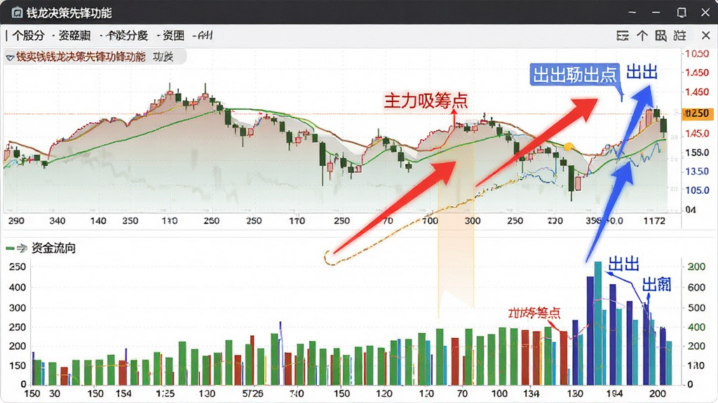 钱龙决策先锋功能截图,展示个股分时图与资金流向柱状图,红色箭头标注主力吸筹点,蓝色标注出货点,界面直观,数据可视化,画质高清