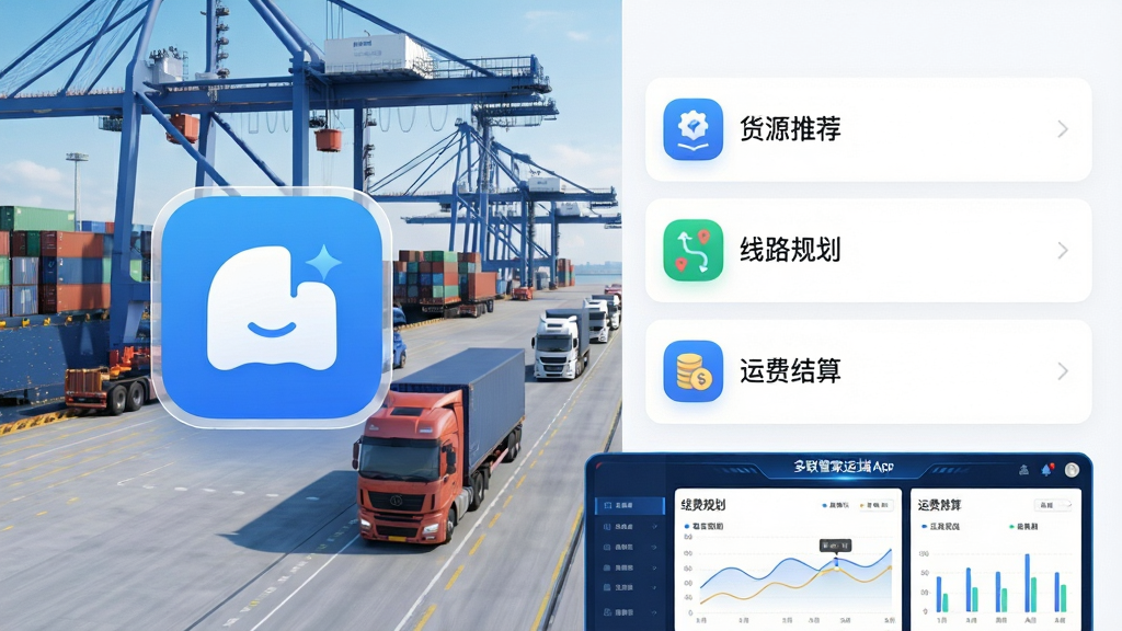 主体:多联管家运力端App界面展示,背景为现代化物流港口与行驶中的货车车队;布局:左侧悬浮App图标与右侧功能列表并列,底部为数据看板;排版:界面简洁清晰,功能图标采用圆角设计;风格:科技感、商务蓝主色调搭配白色背景;细节:屏幕上显示“货源推荐”“线路规划”“运费结算”等字样,数据图表可视化展示;画质:高清、干净、无多余元素