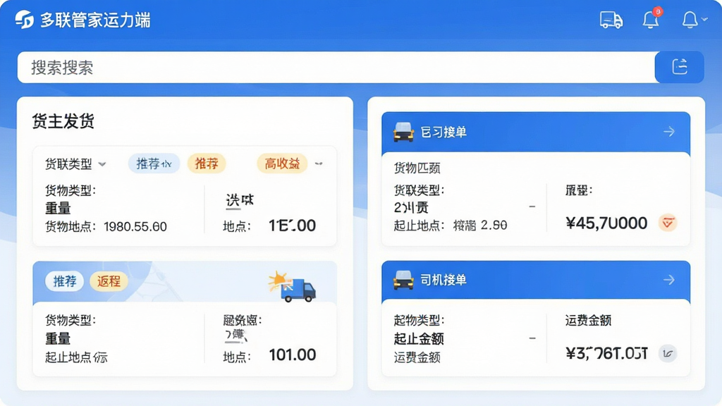 主体:多联管家运力端“智慧匹配”功能界面,左侧为货主发货列表,右侧为司机接单卡片;布局:上下分栏,顶部搜索筛选栏,下方卡片式列表;排版:卡片信息包含货物类型、重量、起止地点、运费金额;风格:清新简约,蓝白配色;细节:卡片上标注“推荐”“返程”“高收益”标签,“多联管家运力端”Logo位于左上角;画质:高清、干净、无多余元素
