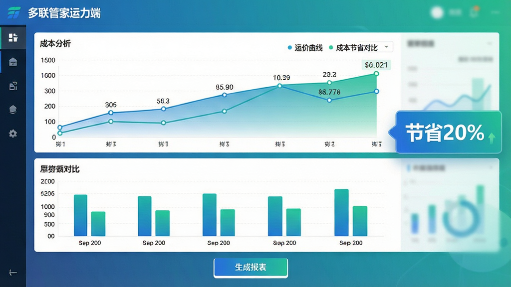 主体:多联管家运力端“成本分析”图表页面,展示运价曲线与成本节省对比图;布局:上方折线图,下方柱状对比图,右侧浮动“节省20%”标签;排版:图表配色以蓝绿渐变为主,数据标注清晰;风格:商务数据可视化风格;细节:屏幕左上角显示“多联管家运力端”字样,图表下方有“生成报表”按钮;画质:清晰、干净、无多余元素