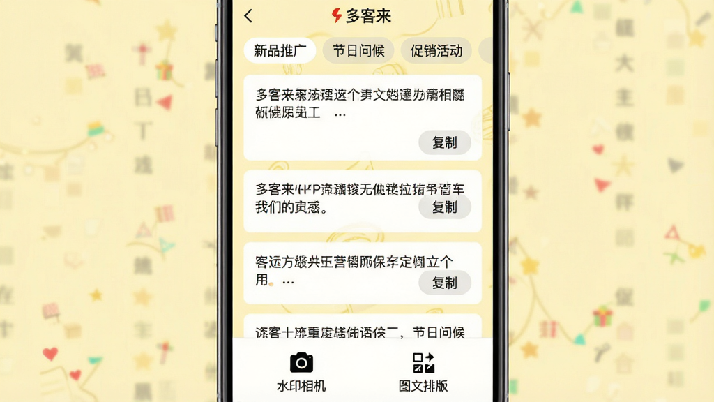 一张展示多客来APP营销文案库的界面截图,屏幕上方显示多分类标签,如“新品推广”、“节日问候”、“促销活动”,中间列表展示多条文案预览,每条文案下方有“复制”按钮,底部有“水印相机”和“图文排版”两个图标,整体设计简洁,背景为浅黄色,画质干净,无多余元素,包含“多客来”字样。