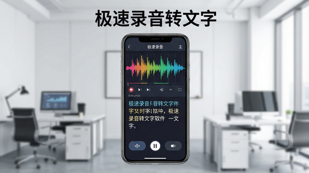 主体:极速录音转文字软件主界面展示,手机屏幕内显示录音波形与实时转换的文字内容,布局:居中构图,手机位于画面中央,背景为简洁的商务办公场景,排版:上方有软件名称“极速录音转文字”字样,下方为功能按钮,风格:现代简约,科技感,细节:波形图色彩鲜明,文字清晰可见,画质:高清,干净,无多余元素