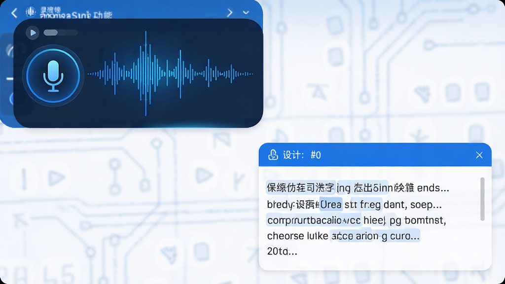 主体:录音转文字功能界面,显示麦克风图标与正在转换的文字流,布局:左上方为录音波形,右下方为文字结果区域,排版:界面简洁,功能按钮清晰,风格:科技蓝与白色调,细节:波形动态效果,文字逐字出现,画质:高清,干净,无多余元素