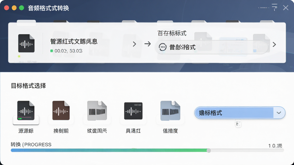 主体:音频格式转换界面,显示源文件与目标格式选项,布局:上下双栏,上方为源文件信息,下方为目标格式选择,排版:格式图标排列整齐,风格:简洁商务风,细节:转换进度条,画质:高清,干净,无多余元素