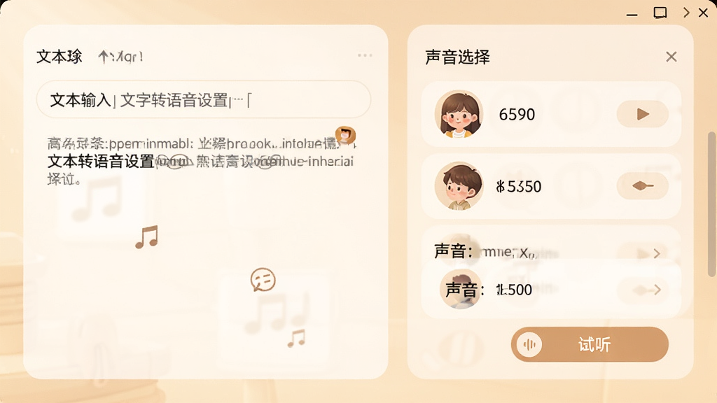 主体:文字转语音设置界面,显示文本输入框与声音选项列表,布局:左侧文本区,右侧声音选择区,排版:声音选项以头像展示,风格:温馨柔和色调,细节:有“试听”按钮,画质:高清,干净,无多余元素