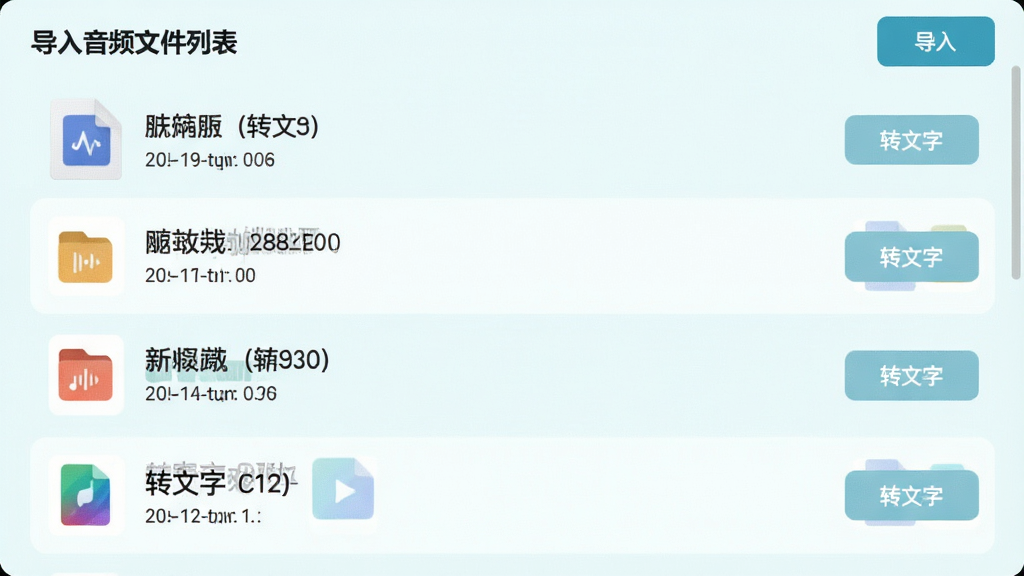 主体:导入音频文件列表界面,显示多种音频格式图标,布局:列表式排列,右上角有“导入”按钮,排版:每个文件右侧有“转文字”按钮,风格:清新浅色背景,细节:文件名称与时长清晰,画质:干净,无多余元素