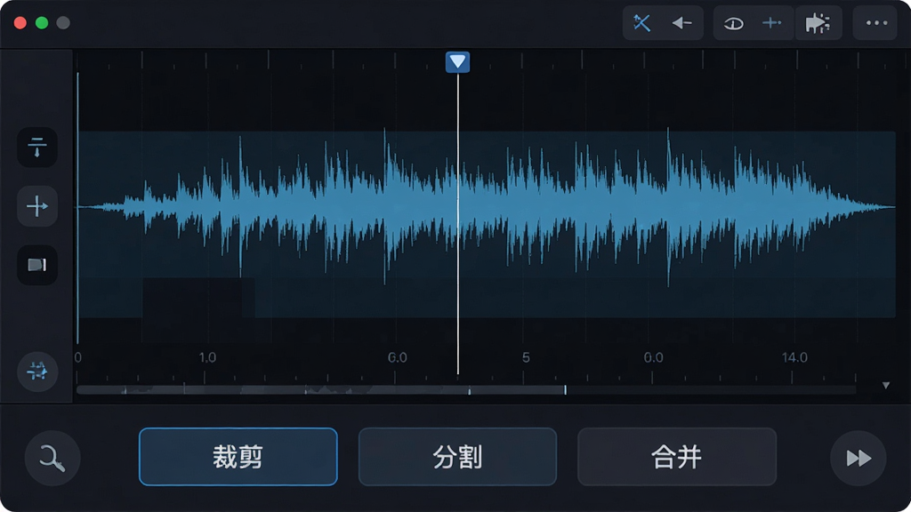 主体:音频剪辑操作界面,显示波形图与时间轴,布局:中央为波形编辑区,下方为操作按钮,排版:按钮有“裁剪”、“分割”、“合并”,风格:深色背景,科技感,细节:波形缩放功能,画质:高清,干净,无多余元素