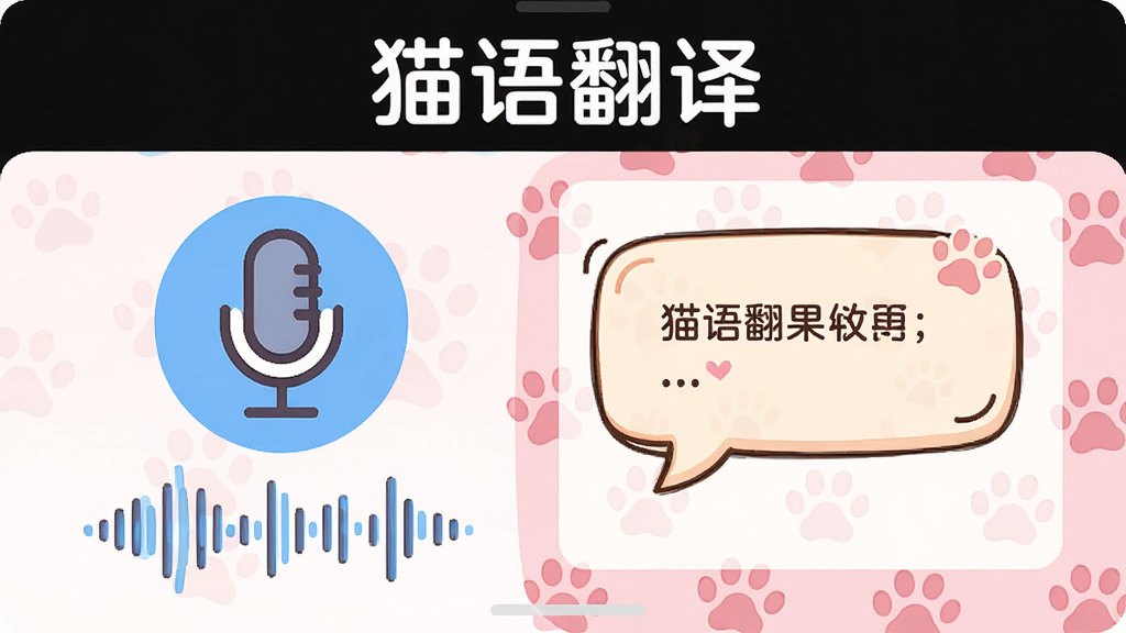 快乐小猫APP猫语翻译功能界面预览图,界面上有一个大的麦克风图标,下方是声波动态波纹,界面顶部显示“猫语翻译”四个字,翻译结果区域用卡通对话框展示,背景是可爱的粉色猫爪图案,整体风格活泼明快,界面布局清晰,画质高清,干净无多余元素