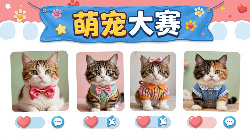 快乐小猫APP趣味挑战活动页面设计图,页面上展示着几张猫咪参赛照片,有戴着蝴蝶结的,有穿着小衣服的,照片下方有爱心点赞按钮和评论图标,页面顶部有活动横幅,写着“萌宠大赛”,整体布局活泼有趣,色彩鲜艳,画质清晰,干净无多余元素