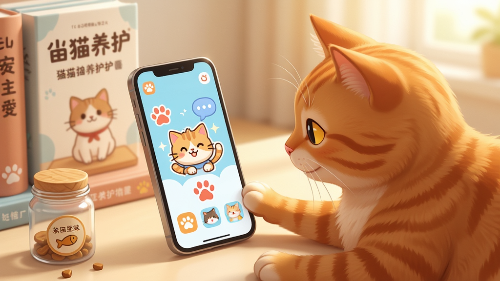 一张温馨明亮的室内场景图,一只毛色光亮的橘猫正专注地看着手机屏幕,手机屏幕上显示着快乐小猫APP的界面,界面风格清新可爱,有猫爪印和对话气泡元素,旁边散落着几本关于猫咪养护的书籍和一个小鱼干零食罐,整体布局和谐,采用暖色调,画质清晰,干净无多余元素