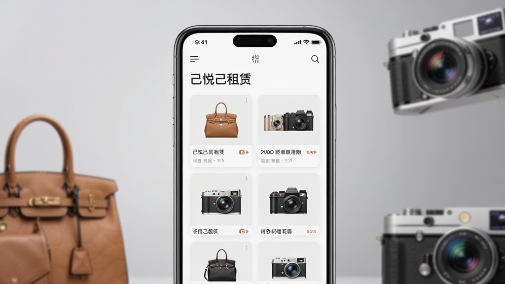 画面主体为一部时尚智能手机居中摆放,屏幕正面展示“己悦己租赁”APP的主界面,界面清晰显示各类奢侈品包袋和相机的精美租赁卡片。背景采用柔和的高级灰渐变色调,搭配几件虚化的奢侈品包包与相机作为陪衬。整体布局简洁大气,风格轻奢简约,细节处理精致,呈现高质量商业广告渲染图风格,画质干净无多余元素。