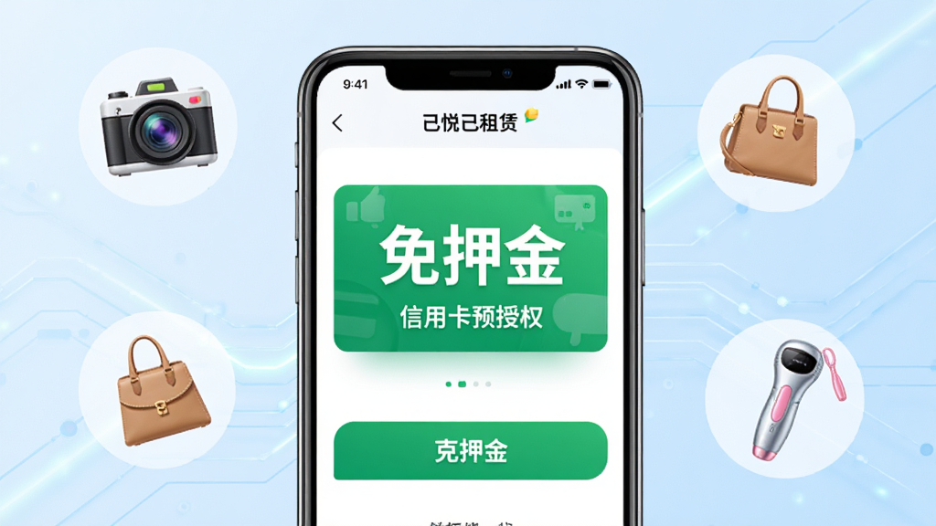 图片主体为一部智能手机屏幕展示“己悦己租赁”APP的支付页面,页面醒目显示“免押金”和“信用卡预授权”等绿色标识。手机周围散落着几件代表租赁物品的图标,如相机、包袋和美容仪。背景采用干净的浅蓝色科技感渐变,布局简洁明了,风格清新商务,突出安全便捷的支付体验,高清画质,无多余元素。