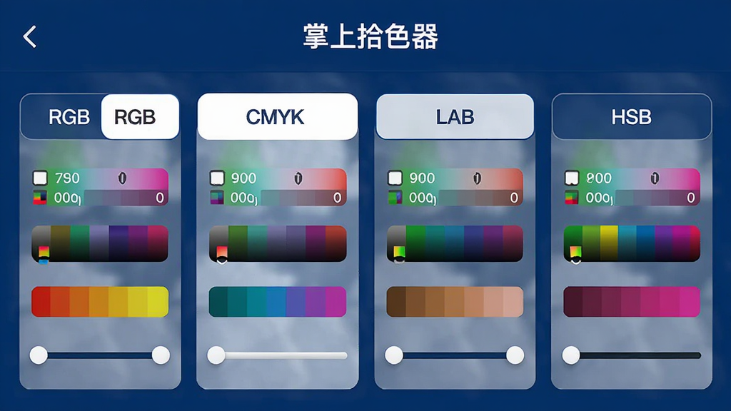 ������ʰɫ�������ܽ����ͼ����Ļ�ϲ�����ʾRGB��CMYK��LAB��HSB����ɫ��ģʽ�л���ť��ÿ��ģʽ���ж�Ӧ��ɫֵ������ɫ�����飬�����������רҵ��ɫ�����������ɫΪ�������ʸ��壬��������
