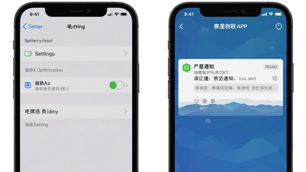 一张分屏对比图,左侧是手机设置界面中电池优化的截图示意,右侧是赛星物联APP的消息通知界面截图示意,两张图并排排列,背景为纯白色,构图简洁,重点突出设置选项和通知消息内容,画质清晰,干净无多余元素。
