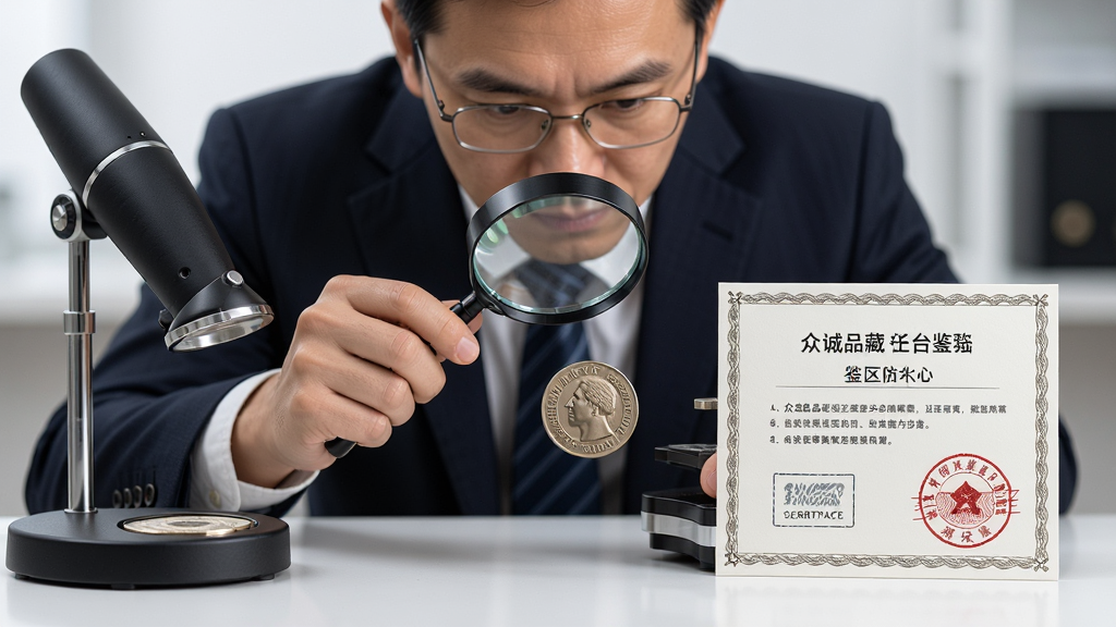 众诚品藏权威鉴定功能展示,主体为专业鉴定师使用放大镜检验钱币,布局中心突出鉴定证书与防伪标识,排版简洁明了,风格写实严谨,细节呈现鉴定仪器、钱币纹理、证书印章,画质高清干净,无多余元素,体现平台诚信保真特色
