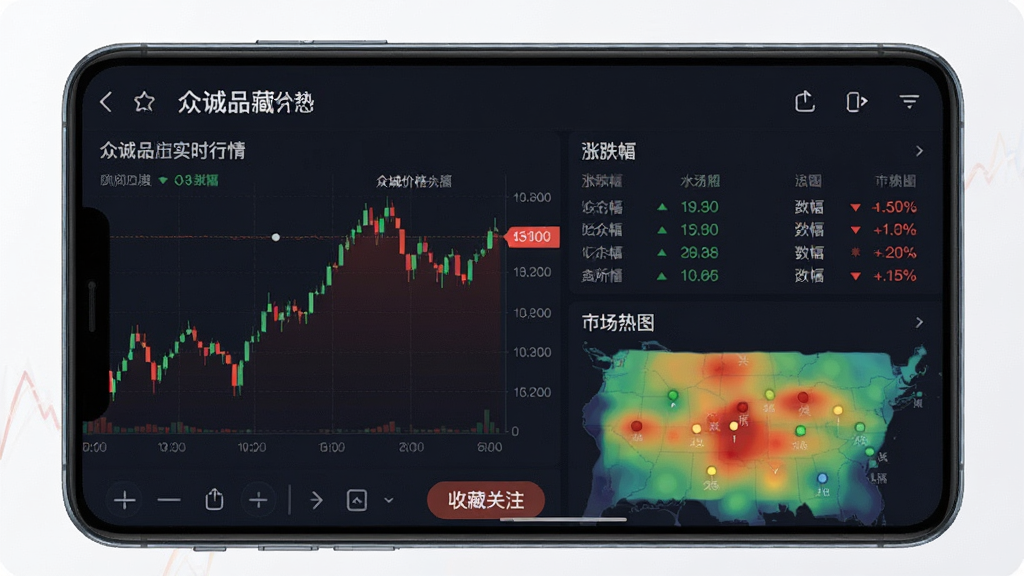 众诚品藏实时行情界面,主体为手机端行情图表展示,布局包含价格曲线、涨跌幅榜单、市场热力图,排版数据可视化风格,细节体现红绿涨跌颜色、时间轴筛选、收藏关注按钮,画质清晰干净,突出专业行情分析功能