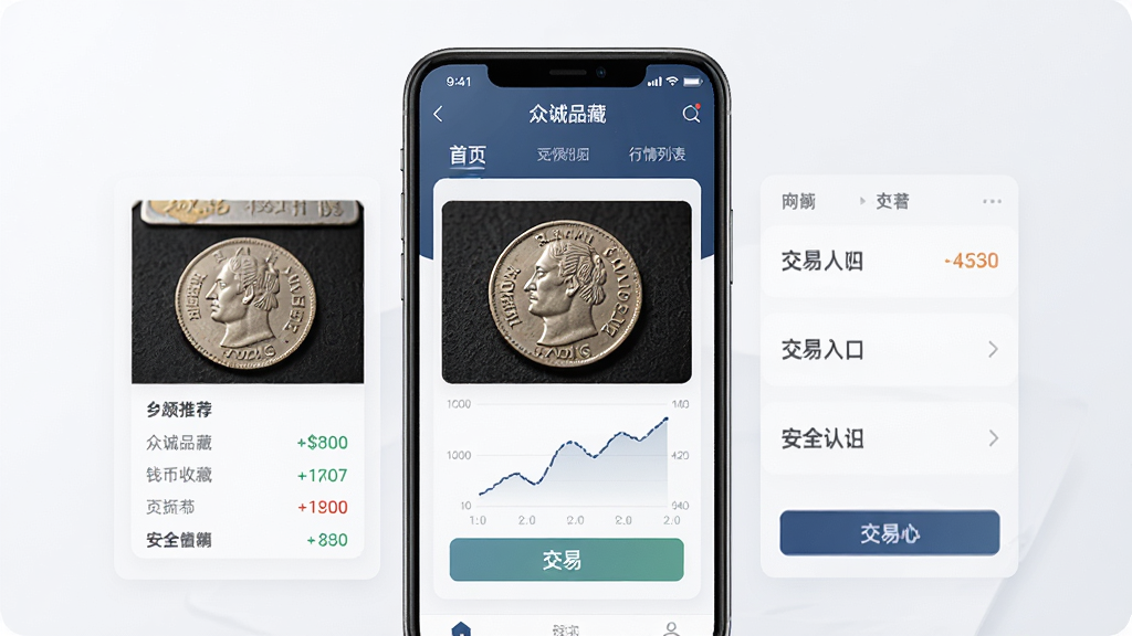众诚品藏钱币收藏品网络交易平台界面预览,主体为手机APP界面展示,布局清晰展示首页推荐、行情列表、交易入口等模块,排版采用卡片式设计,风格简约商务,细节包含钱币高清图片、价格走势图、安全认证标识,画质细腻干净,无多余元素,整体呈现专业可信赖的收藏交易平台形象