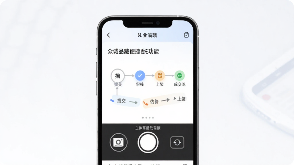 众诚品藏便捷委托功能,主体为手机端委托流程界面,布局步骤条展示提交-审核-上架-成交流程,排版清晰直观,风格简约实用,细节包含拍照上传、估价提示、进度追踪图标,画质清爽干净,体现省心省力的服务体验
