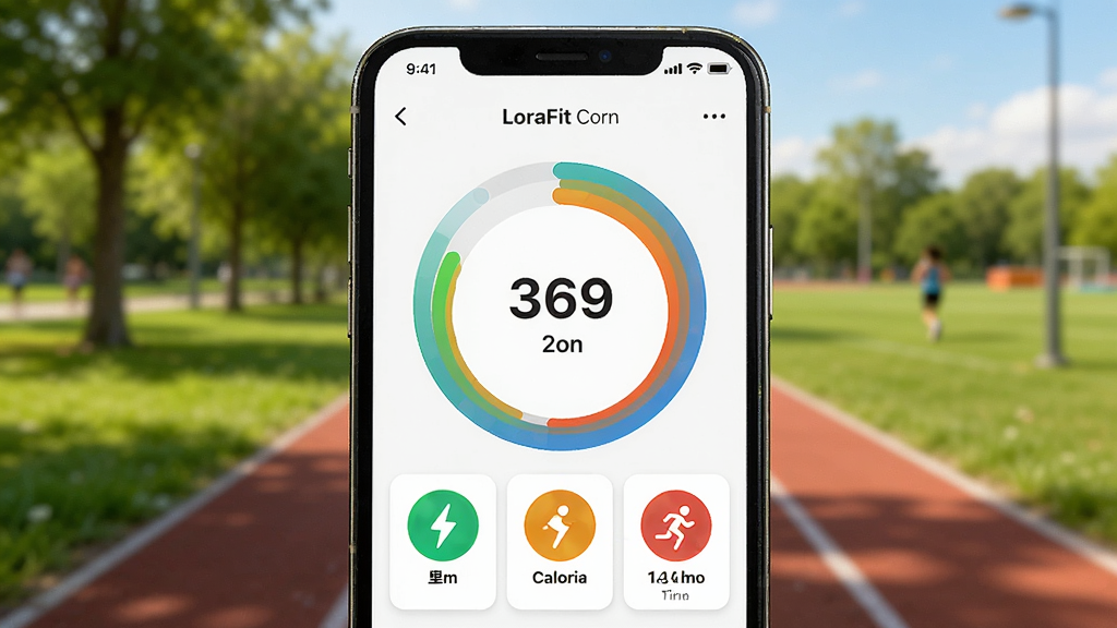 չʾLoraFit�˶���¼���棬����Ϊ�ֻ��ϵĲ������ν���ͼ���˶�����ͼ�꣬����Ϊ���⹫԰���ܵ��������Խ��Ȼ�Ϊ���ģ������˶�ͳ�ƿ�Ƭ�����������У�ϸ�ڰ����������֡���̡���·�ʱ�䣬���������������޶���Ԫ��