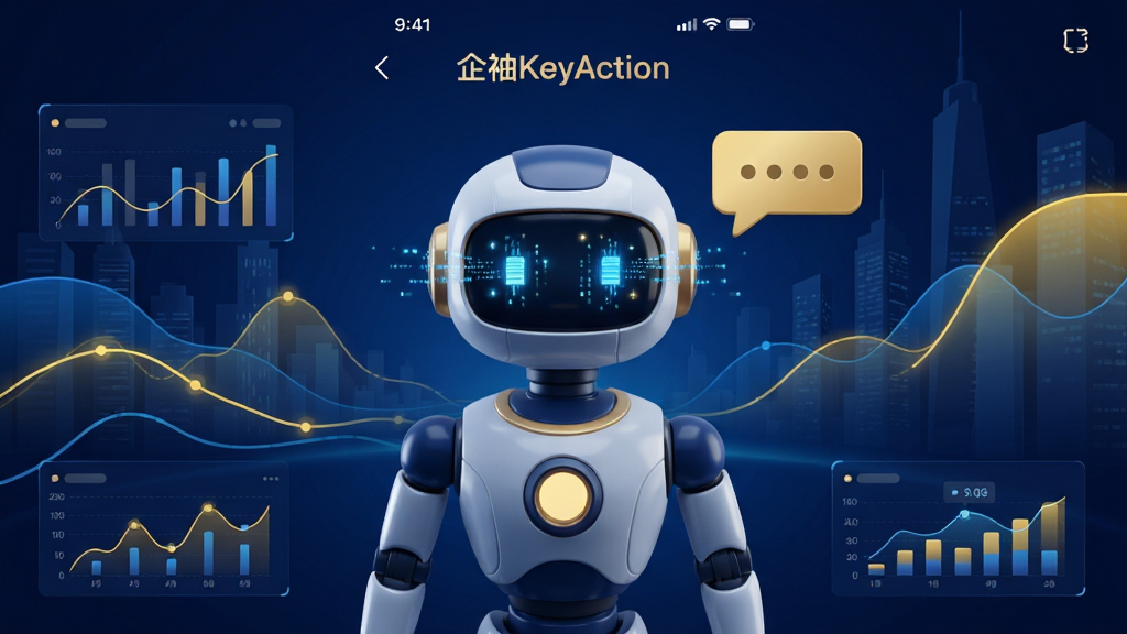 画面主体为一款名为“企袖KeyAction”的智能手机应用界面,界面中心是一个科技感十足的智能对话机器人3D模型,背景是流动的数据可视化图表和城市建筑剪影。布局采用居中对称构图,界面元素环绕分布。排版清晰现代,以深蓝色和亮金色为主色调,风格为未来科技商务风。细节上,机器人眼睛有数据流闪光,界面图表有动态线条。画质高清,干净,无多余元素。