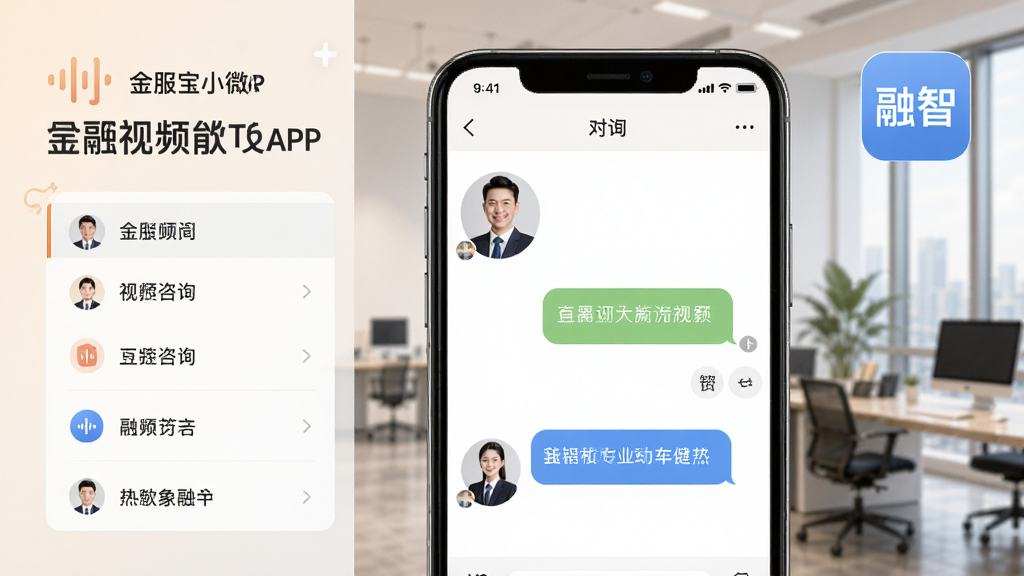 主体:金服宝小微APP“融智”功能界面,显示在线金融顾问视频咨询场景,手机屏幕内有顾问头像和对话框,背景为企业办公室,布局:手机屏幕占主体,周围有“融智”字样图标,排版:左右结构,左侧为功能列表,右侧为对话界面,风格:专业商务,柔和色调,细节:对话气泡清晰,顾问头像职业装,画质:高清,干净,无多余元素