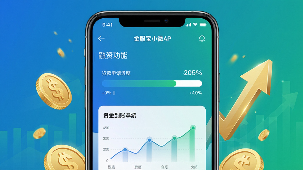 主体:金服宝小微APP“融资”功能界面,展示贷款申请进度条和资金到账图表,手机屏幕外有金色钱币和增长箭头元素,布局:手机居中,背景为蓝绿色渐变,排版:数据可视化展示,风格:金融科技感,细节:进度条百分比清晰,钱币细节丰富,画质:高清,干净,无多余元素