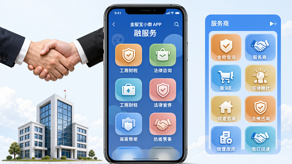 主体:金服宝小微APP“融服务”功能界面,显示服务分类图标如工商财税、法律咨询等,手机屏幕外有握手合作和企业建筑元素,布局:手机居中,右侧有服务商列表,排版:宫格布局,风格:清新商务风,细节:图标设计简洁,色彩明亮,画质:高清,干净,无多余元素