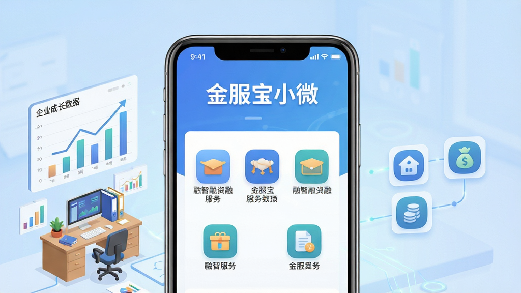 主体:金服宝小微APP界面展示,手机屏幕上显示融智融资融服务三大板块图标,周围有小型企业办公场景元素,如办公桌、电脑、文件图表,背景为浅蓝色渐变,布局:手机居中,左侧有企业成长数据图表,右侧有金融服务图标,排版:简洁清晰,突出APP名称“金服宝小微”字样,风格:现代商务科技感,扁平化设计,细节:图标精细,数据图表清晰,画质:高清,干净,无多余元素