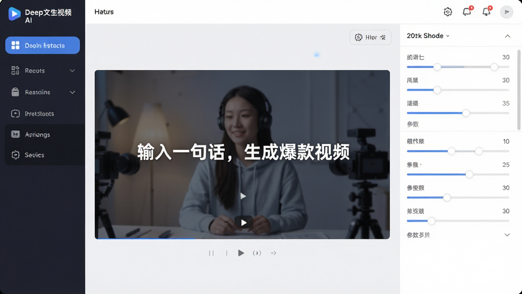 主体:Deep文生视频AI软件的界面概览,布局:左侧为功能导航栏,中间为视频预览窗口,右侧为参数调节面板,排版:简洁清晰的软件界面设计,风格:现代科技感与扁平化结合,细节:屏幕中显示“输入一句话,生成爆款视频”字样,画质:高清,干净,无多余元素