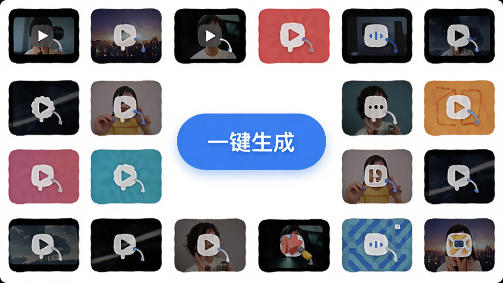 主体:Deep文生视频AI一键生成视频的快捷操作界面,布局:中央为生成按钮,周围环绕各类视频模板缩略图,排版:功能图标排列整齐,风格:明亮活泼的UI设计,细节:按钮上标注“一键生成”字样,画质:清晰,干净,无多余元素