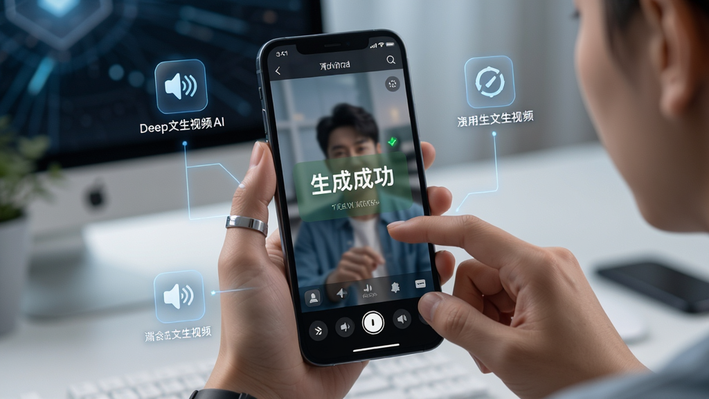 主体:用户在手机上操作Deep文生视频AI应用,布局:手机屏幕占据画面中心,周围有操作提示图标,排版:动态操作界面展示,风格:写实与科技感结合,细节:屏幕中显示“生成成功”字样,画质:高清,干净,无多余元素