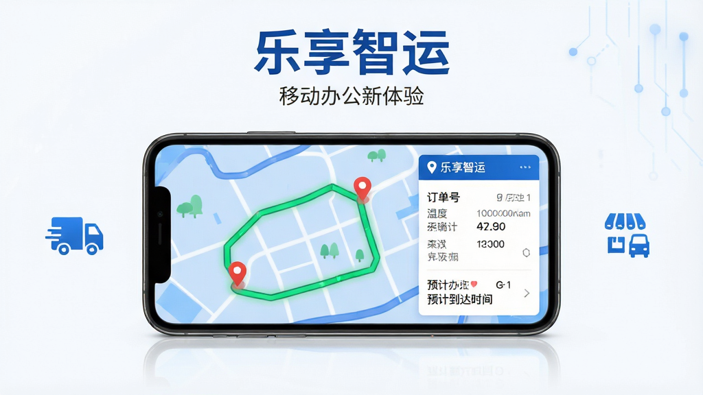 主体:乐享智运APP界面,显示物流运输订单轨迹地图和车辆实时位置图标。布局:画面中央为手机模型,屏幕内展示地图与数据面板,左右两侧有简洁的图标点缀。排版:手机模型居中,上方有“乐享智运”字样,下方配有小字“移动办公新体验”。风格:现代科技感,蓝色主色调,扁平化设计。细节:地图上显示绿色行驶路线和红色警示点,数据面板列出订单号、温度、预计到达时间。画质:高清渲染,画面干净,无多余元素。