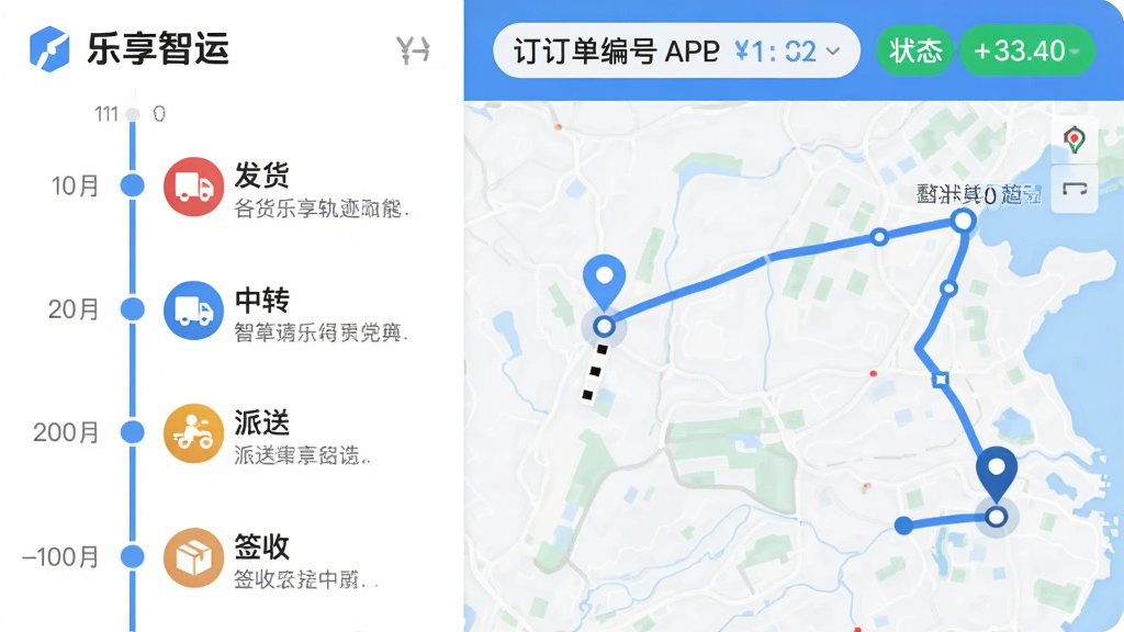 主体:乐享智运APP的订单轨迹回放功能界面。布局:左侧为时间轴,右侧为地图轨迹,顶部显示订单编号和状态标签。排版:时间轴从上到下排列,每个节点有图标和文字说明,地图轨迹用蓝色线连接。风格:清晰简洁,信息可视化。细节:时间轴节点包含“发货”“中转”“派送”“签收”等状态,地图上有起点和终点标记。画质:高清,干净无杂物。