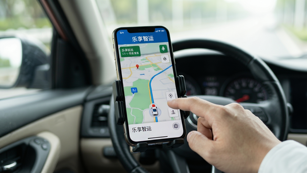 主体:乐享智运APP在手机上的实际使用场景,背景是驾驶室。布局:手机固定在支架上,屏幕显示地图导航界面,驾驶员手部轻点屏幕。排版:手机位于画面中心,背景虚化,突出屏幕内容。风格:写实风格,自然光线。细节:屏幕上有“乐享智运”字样,地图标注车辆位置,驾驶员佩戴安全带。画质:高清,干净,无多余元素。