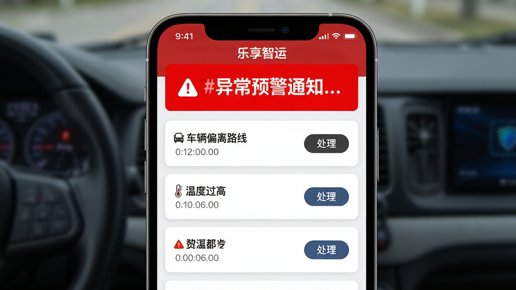 主体:乐享智运APP的异常预警通知界面。布局:手机屏幕上显示一条醒目的预警横幅,下方是异常详情列表。排版:横幅位于屏幕顶部,红色背景白色字体,列表以卡片形式排列。风格:警示风格,强调视觉冲击力。细节:预警内容包括“车辆偏离路线”“温度过高”等,每条带有时间戳和处理按钮。画质:高清,色彩鲜明,无多余元素。
