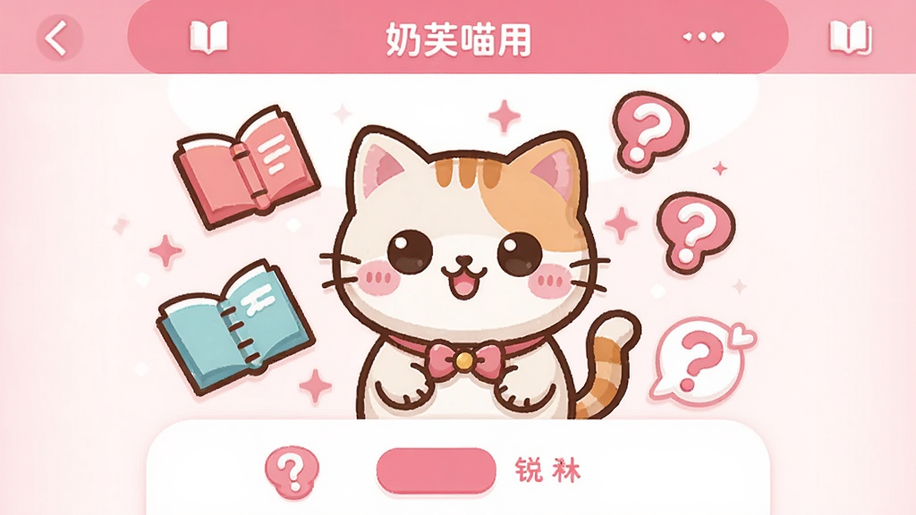 奶芙喵应用主界面,一只可爱的猫咪卡通形象,周围漂浮着知识书本和问号图标,界面以粉色和白色为主调,布局简洁明快,风格可爱清新,细节丰富,画质干净,无多余元素
