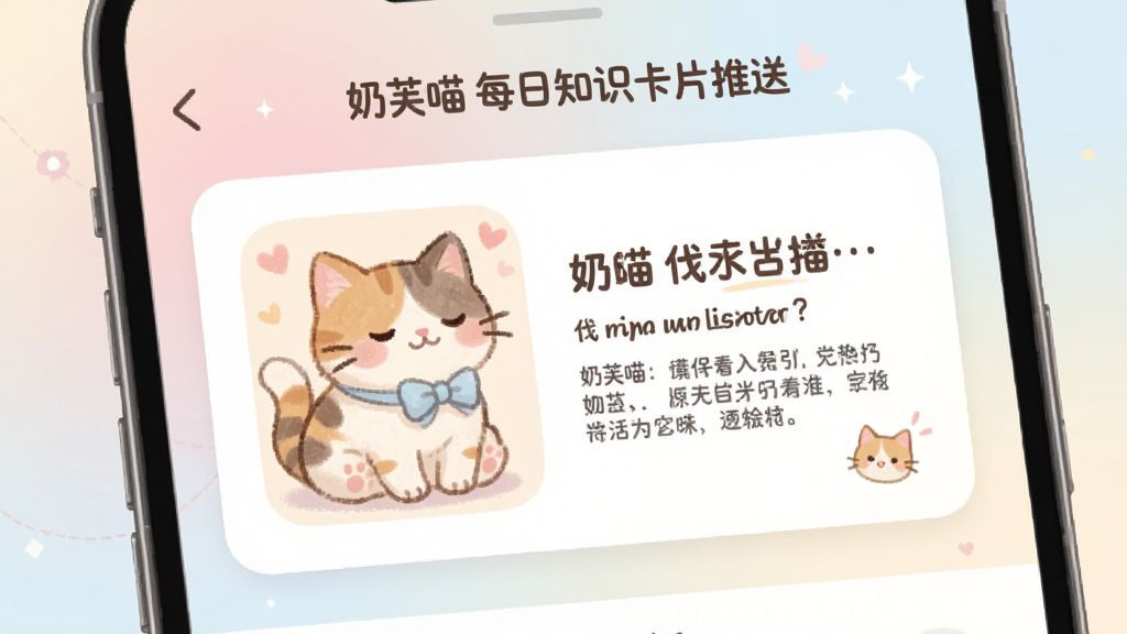 奶芙喵每日知识卡片推送页面,展示一张精美的知识卡片,卡片上有猫咪插画和简短的文字介绍,背景是淡雅的渐变色,布局简洁,风格清新,细节丰富,画质干净,无多余元素