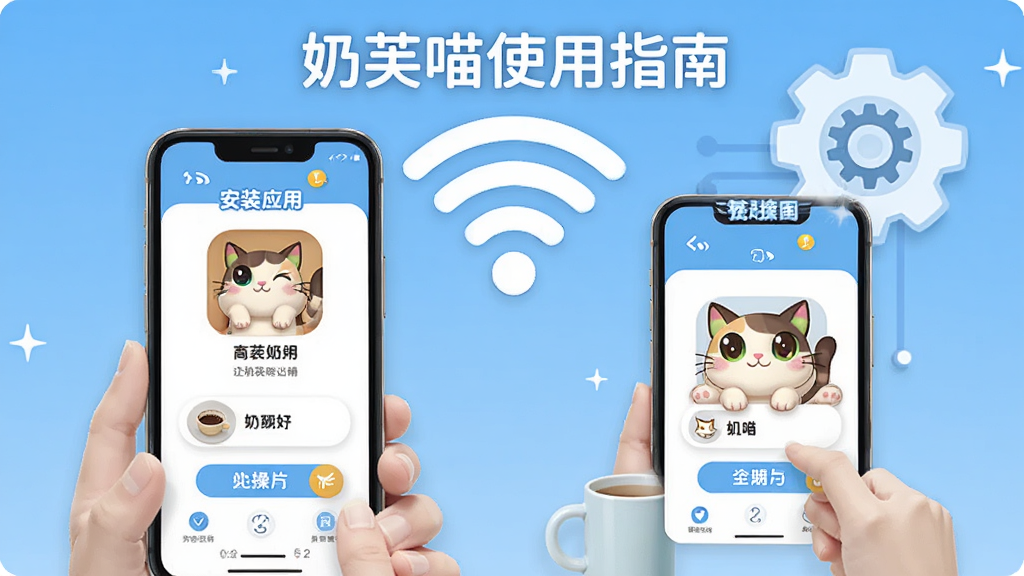 奶芙喵使用指南插图,展示手机安装应用和操作步骤,背景有WiFi图标和设置齿轮,风格简洁明了,细节丰富,画质干净,无多余元素