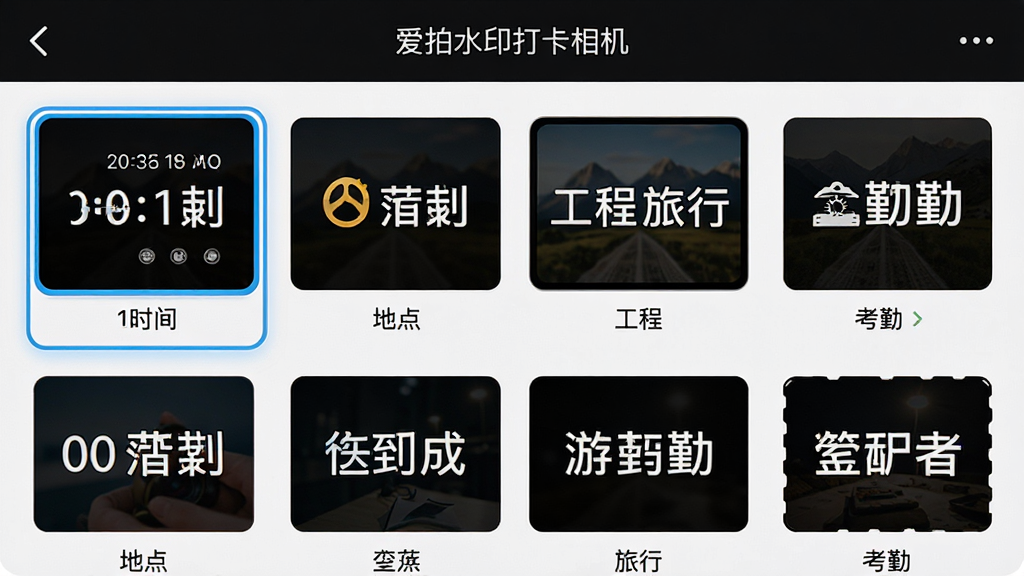 主体:爱拍水印打卡相机的水印模板选择界面,屏幕上展示多个水印模板缩略图,包含时间地点、工程、旅行、考勤等类别;布局:网格状排列,每个模板卡片均匀分布;排版:缩略图下方标注模板名称;风格:简洁直观,界面友好;细节:选中的模板有高亮边框,水印文字清晰可辨;画质:高清细腻,无多余元素