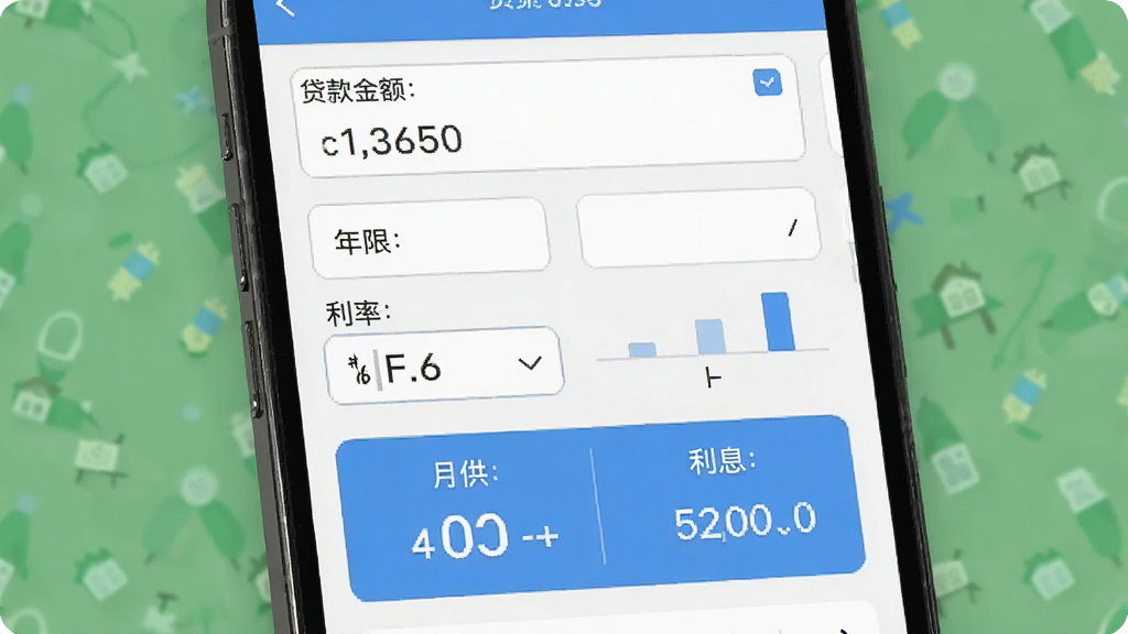 房贷计算器助手界面预览图,主体为手机屏幕展示贷款计算页面,包含贷款金额、年限、利率输入框,下方显示月供和利息结果,布局简洁,排版清晰,风格现代扁平,细节展示数字和图表,画质高清干净,无多余元素
