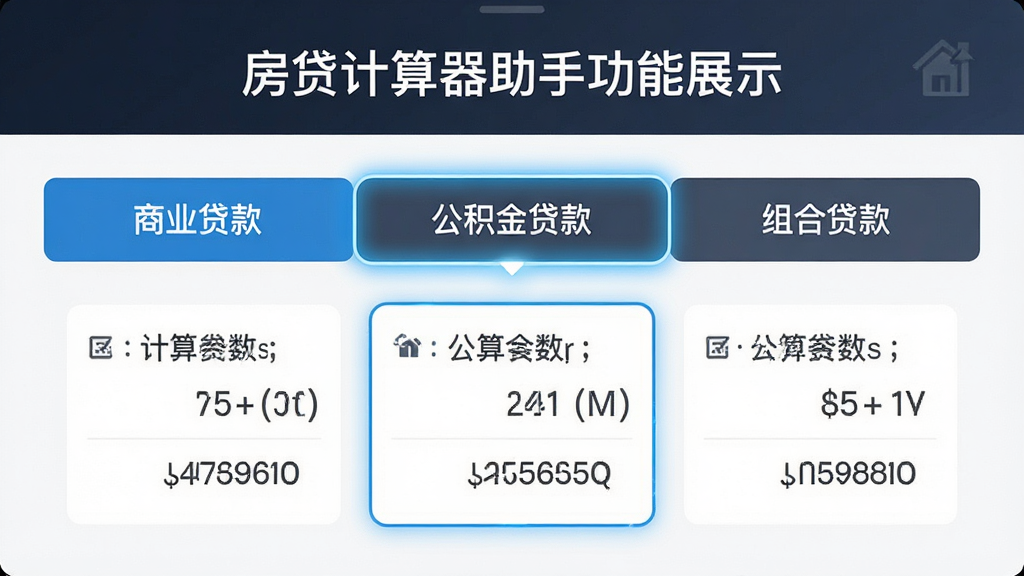 房贷计算器助手功能展示图,主体为三种贷款类型切换界面,布局为三个选项卡分别标注商业贷款、公积金贷款、组合贷款,下方显示对应计算参数,风格简洁商务,细节高亮当前选中项,画质清晰干净,无多余元素