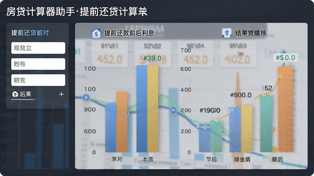 房贷计算器助手提前还贷计算界面,主体为对比图表展示提前还款前后的利息变化,布局包含输入面板和结果区域,风格数据可视化,细节用柱状图表示节省金额,画质干净无多余元素