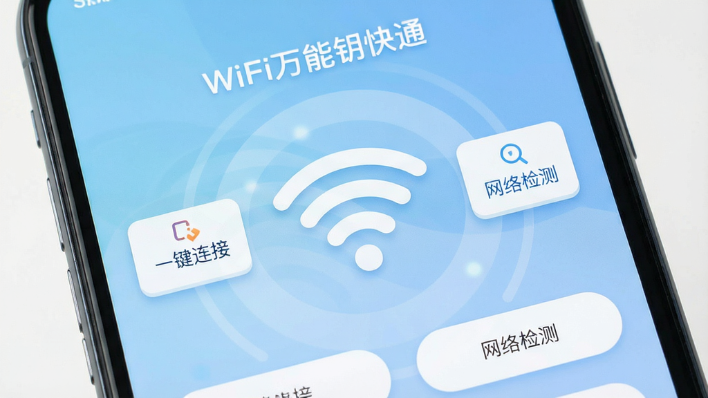 ��������Ϊһ�������ֻ���Ļ��д����Ļ����ʾ��WiFi����Կ��ͨ��Ӧ�������棬���������ִ�������Ϊ����ɫ���䣬������һ����Ŀ��WiFi�ź�ͼ�꣬��Χ�����ż������ܰ�ť�硰һ�����ӡ����������⡱�������������Ű���������Ϊ��ƽ��UI��ƣ�ϸ�ڷḻ�����ʸ��壬�ɾ��޶���Ԫ��
