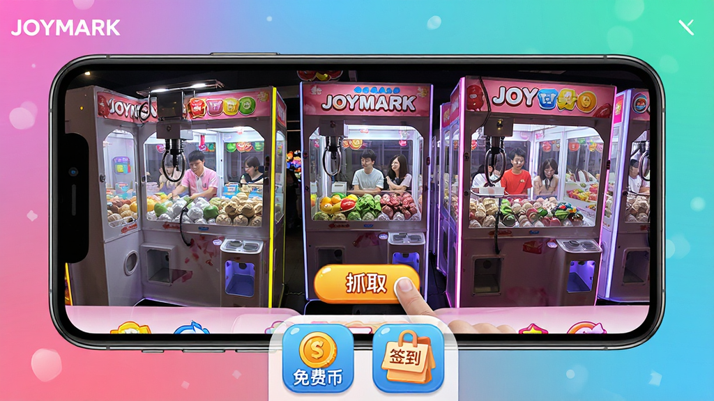一张手机屏幕展示JOYMARK抓娃娃应用的界面,界面中有多台真实的娃娃机实时直播画面,画面清晰流畅,用户正在点击“抓取”按钮,手机下方有“免费币”和“签到”图标,整体风格明亮活泼,背景为渐变色,画质高清,干净无多余元素